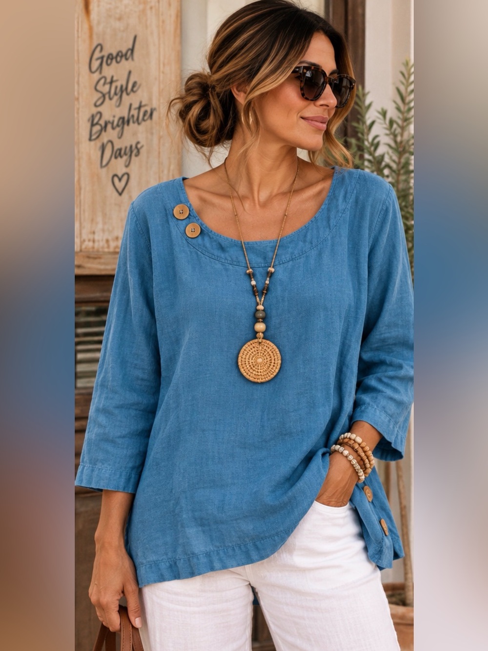 Mosaic USA 100% Linen Blue Tunic Top XL Made in USA Lagenlook